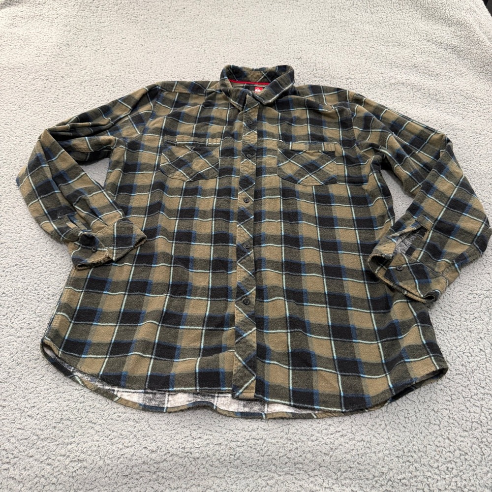 Quiksilver Shirt Mens XXL Plaid Flannel Olive Green Black Blue Cotton Heavy